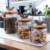 Home Kitchen Transparent Glass Sealed Jar With Spoon Leaf Wooden Lid Coffee Bean Moisture Proof Spice Storage Container