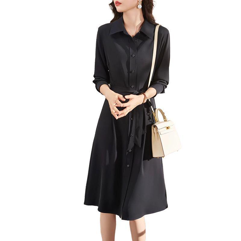 Plus-Size Waist-Cinching Black Mid-Length Long-Sleeved Shirt Dress for Early Autumn S for 90-110 jin