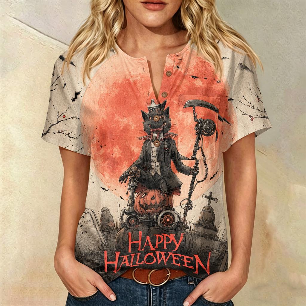 Women Casual Short Sleeve Henley Shirt with Chest Pocket Halloween Themed Graphic Print Cotton Linen Blended Fabric Relaxed Fit