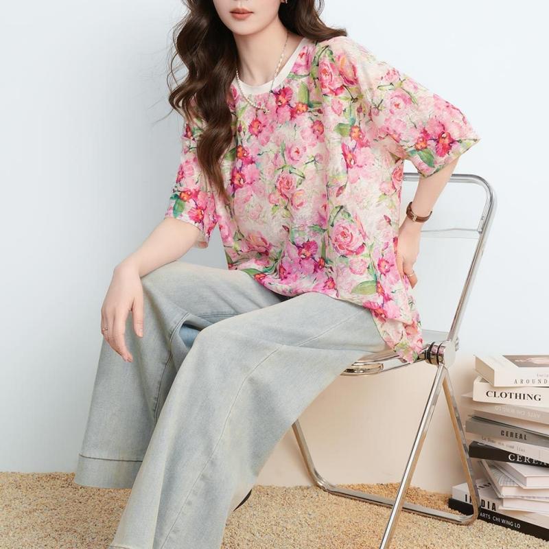 DIMANAF 2026 Plus Size Summer Beach Women T-Shirts Tops Floral Print Casual Lady Tunic Tees Shirt Oversize Loose Knitted