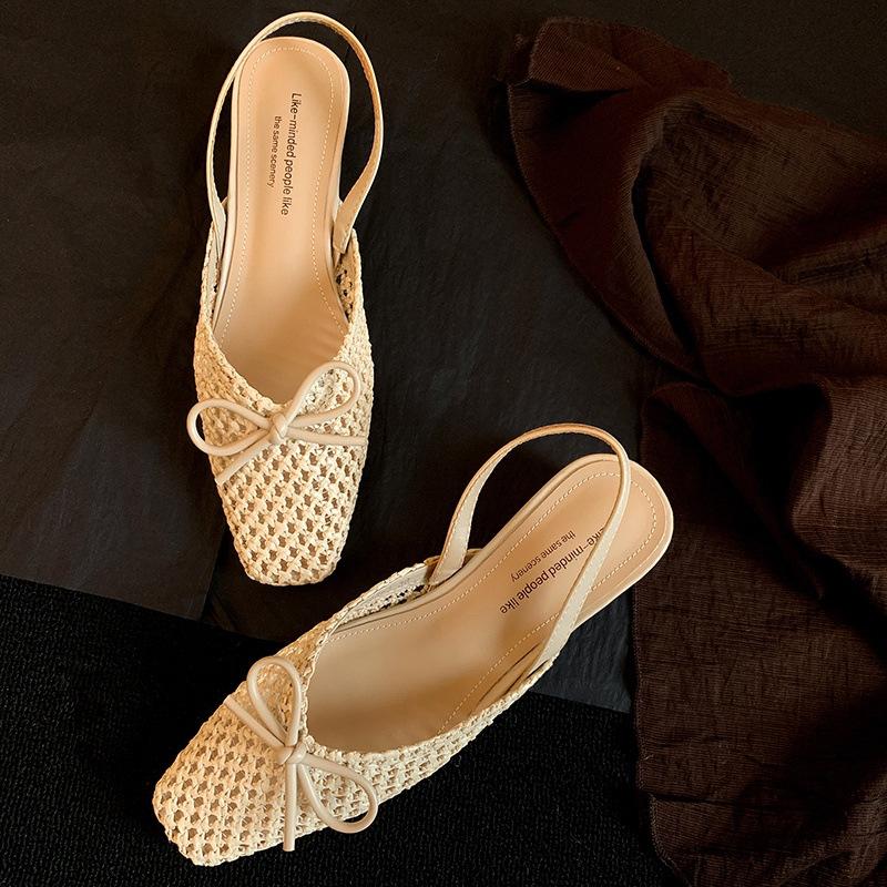 Woven Bow Back Strap Design Sandals Women's Summer New Square Head Shallow Mouth Single Shoe Comfortable Elegant Cool Pumps