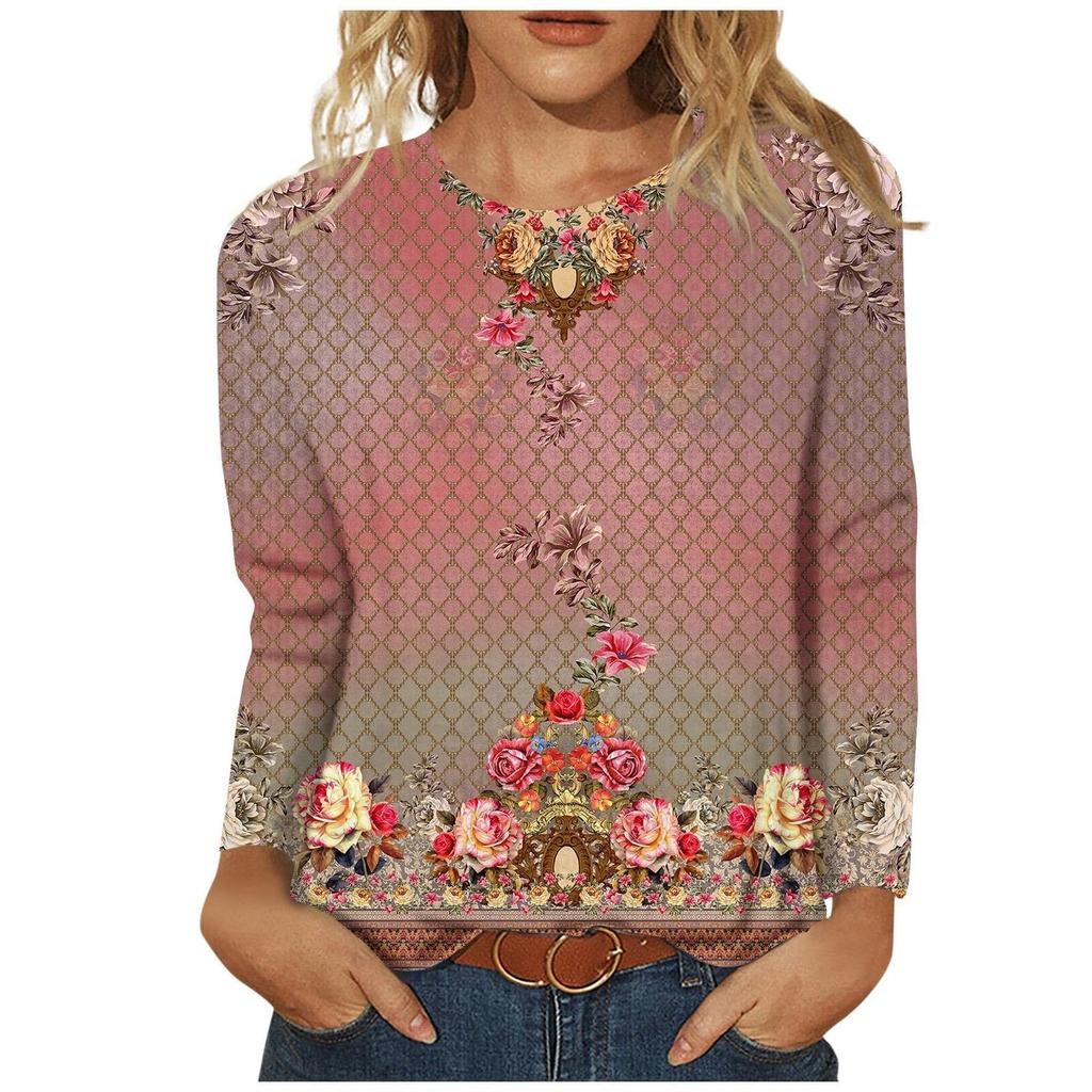 Women's 3D Printed Retro Floral Print T-shirt Fashion Long Sleeve Round Neck Regular Tops Holiday Weekend Spring Autumn