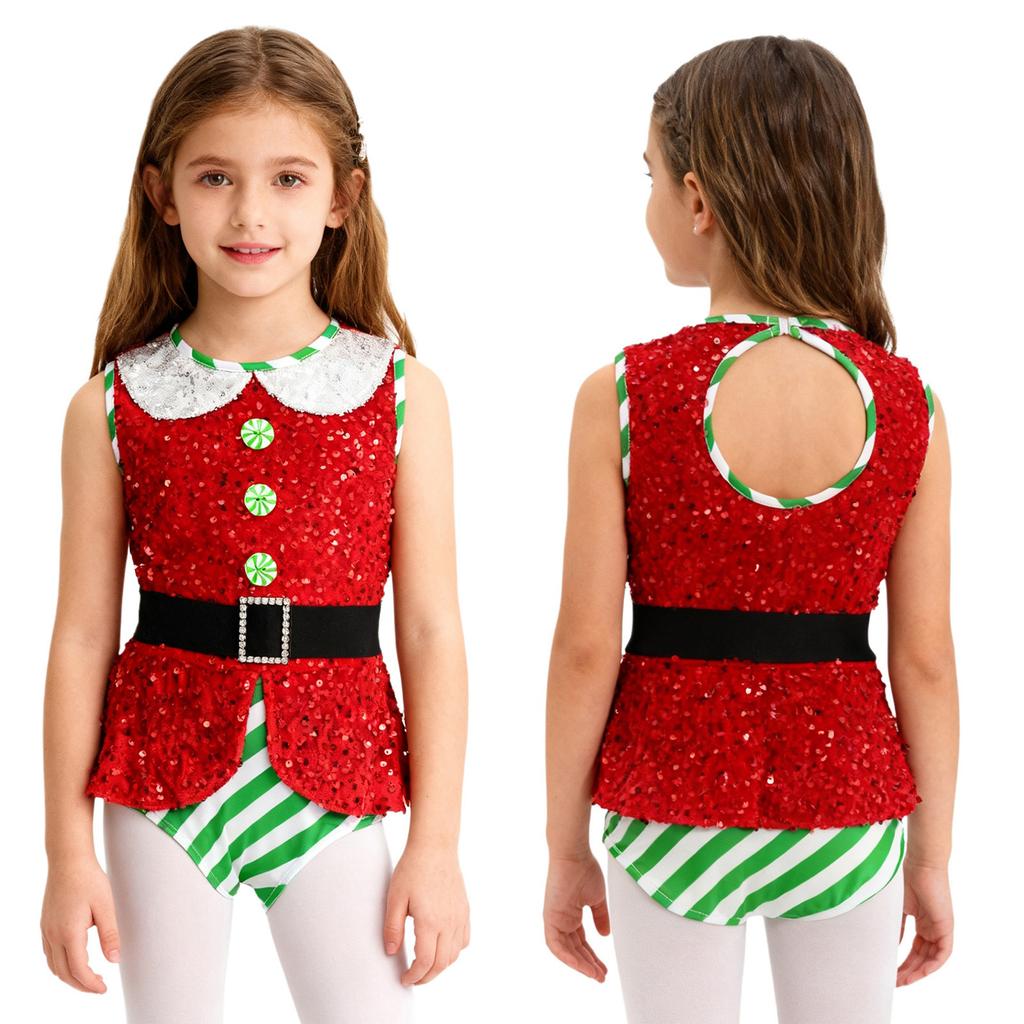 Costume d'Elfe de Noël pour Filles Body Justaucorps Robes de Danse Gymnastique Ballet Sans Manches Paillettes Brillantes Combinaison et Ceinture