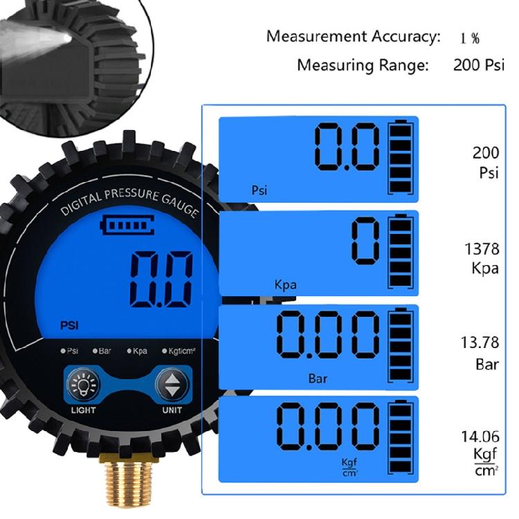 Digital Tyre Pressure Gauge Multiple Units Psi/Kpa/Bar/kgf cm² Rang to 200 psi