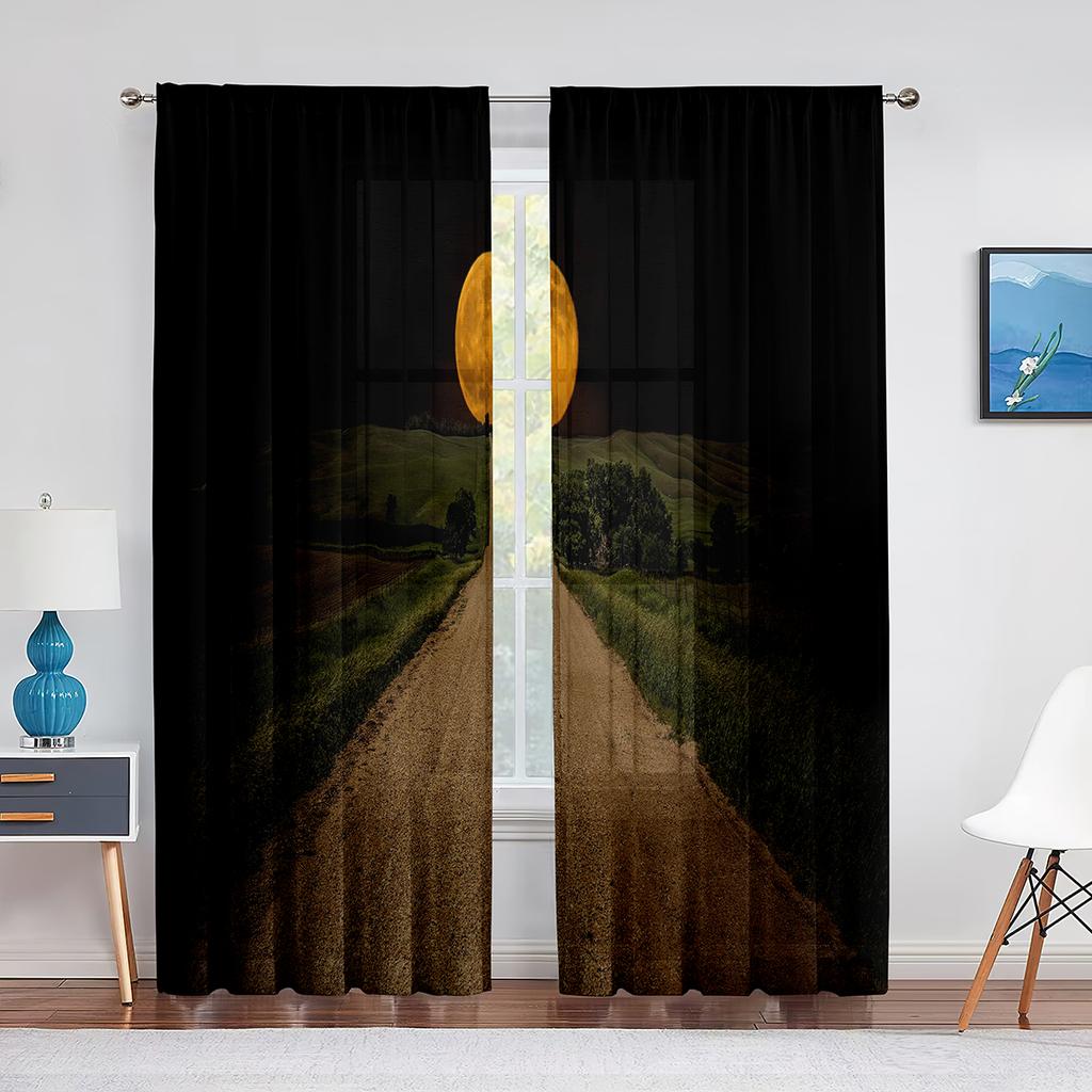 Night Sky Full Moon and Foggy Clouds with Sea Ocean Tulle Curtains for Living Room Bedroom Sheer Voile Kitchen Window Curtain