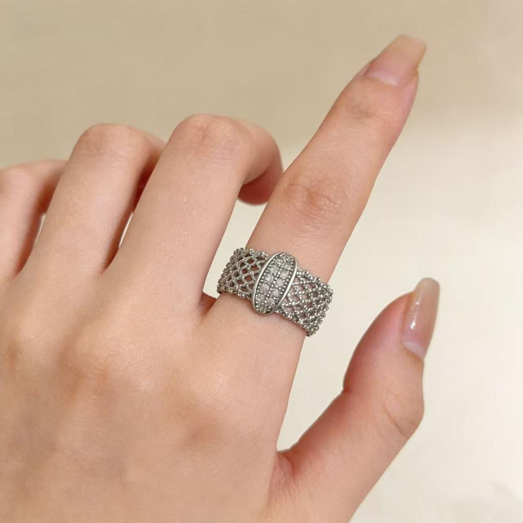 Y2K Sweet Cool Zircon Exaggerated Ring Women Hollow Grid Stackable Opening Adjustable Ring Personality Exquisite Jewelry Gifts