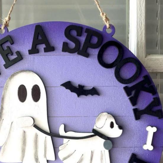 Halloween Ghost Walking Dog Door Sign Wooden Ghost Dog Hanging Doorplate for Front Porch Wall Indoor Outdoor Decor