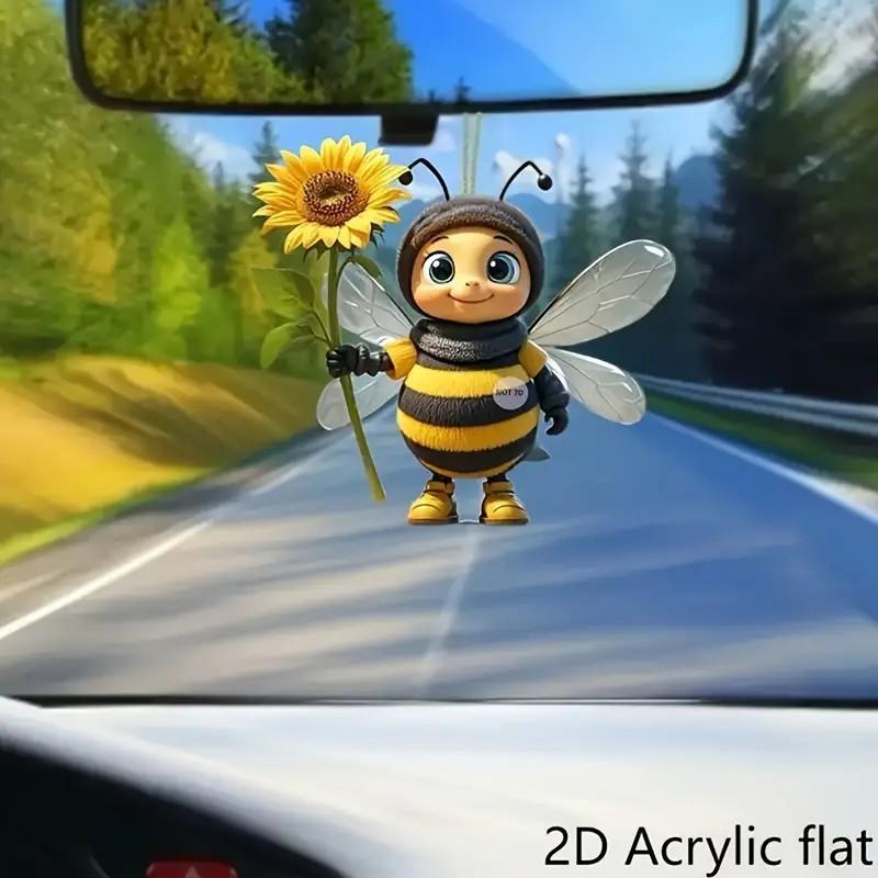 Flat Surface Acrylic Pendant With Cartoon Bee Holding Sunflower Design Decor For
