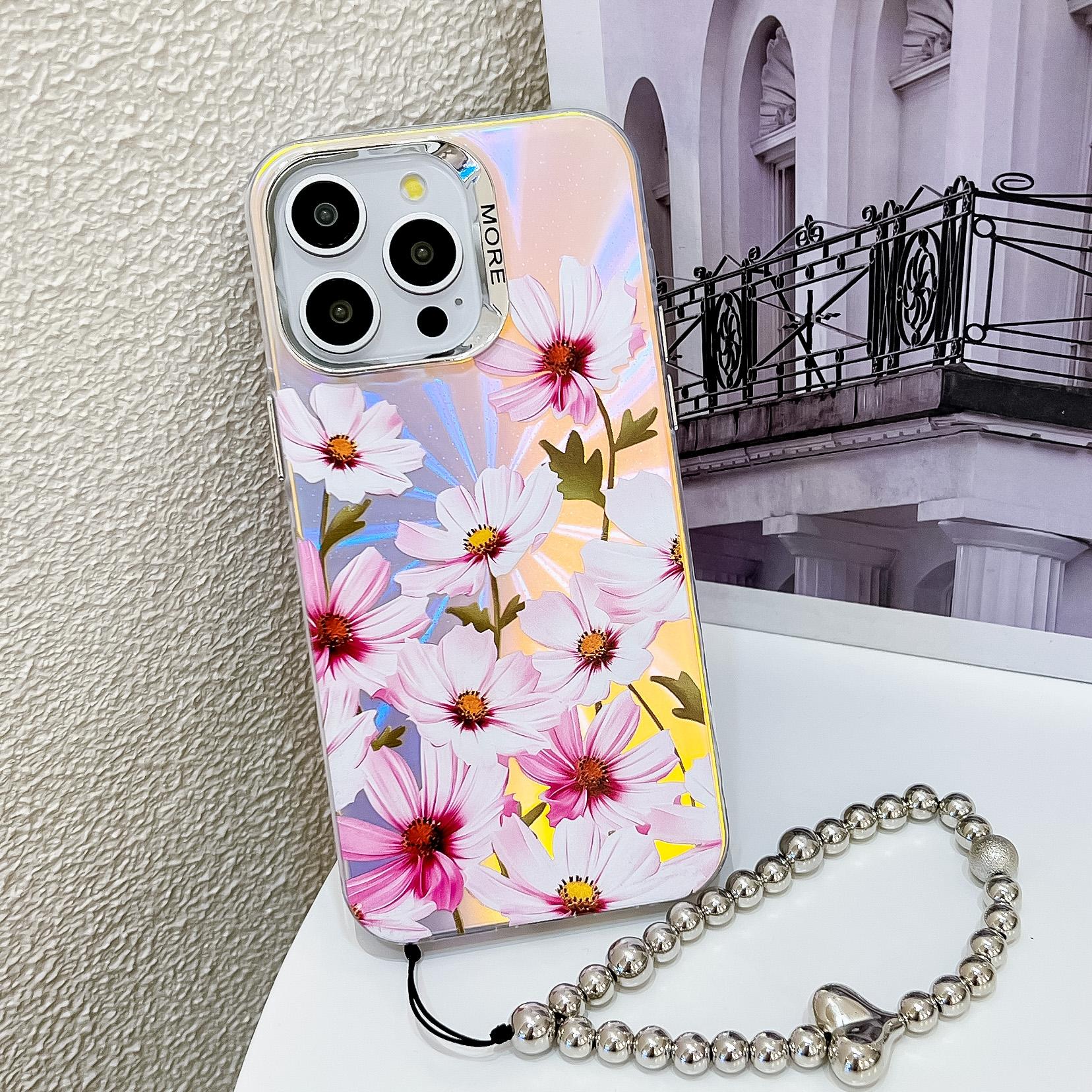 

For iPhone 15 Pro Max Case Flower Pattern Laser Texture TPU+PC Phone Cover with Beaded Bracelet AH7