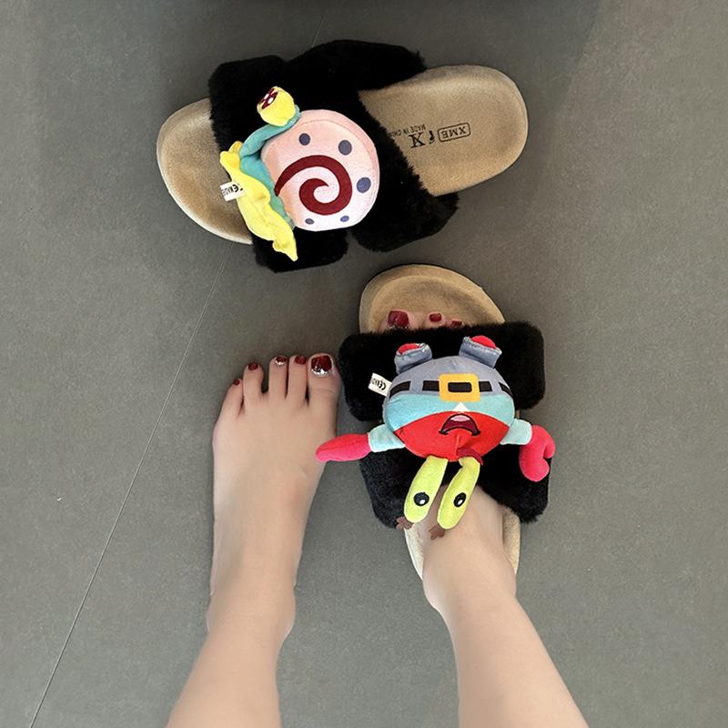 Piaohong cartoon animation crab boss snail fluffy slippers women 2025 autumn and winter new non-slip heightening cotton slippers