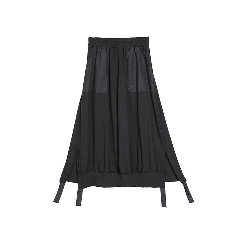 Summer Women's Dark Cold Style A-Line Skirt with Slit, Patch Pocket, and Elastic Waist