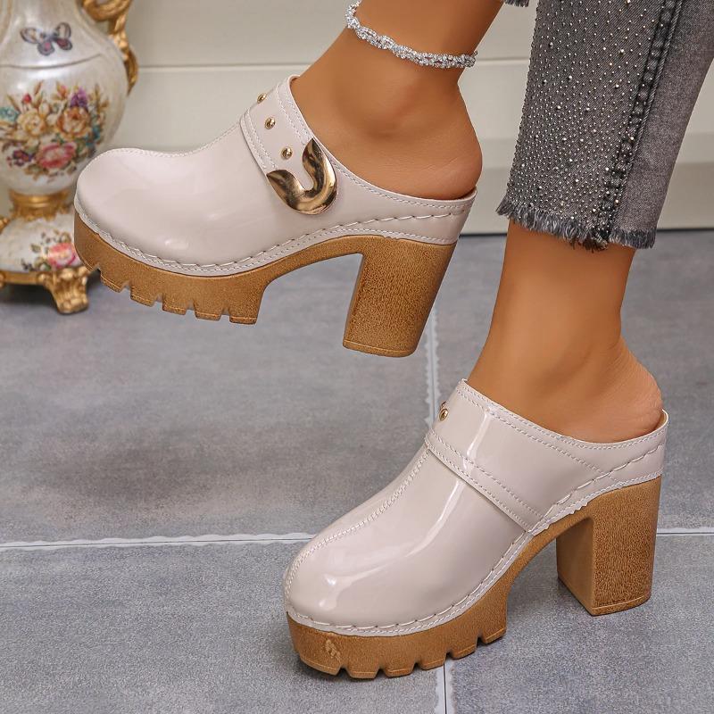 Damskor Chunky Högklackade Mules Tofflor Enfärgade Baotou Romerska Tofflor Plattform Slip-on Skor