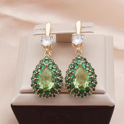 Luxurious Green Zircon Pear Drop Shape Drop Earrings for Women Fashion Gold Color Earring Jewelry Party Accessories