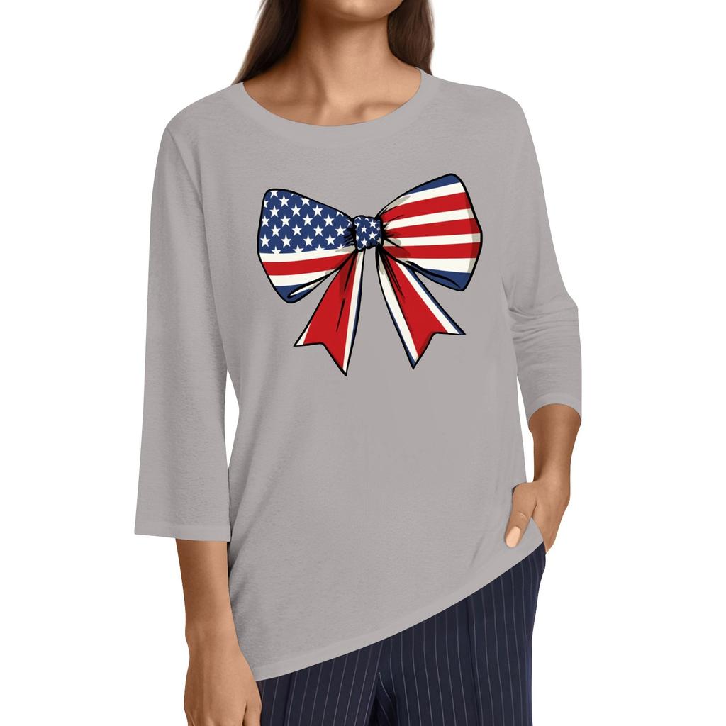 Women's Fashion Casual Round Neck 3/4 Sleeve Loose Independence Day Printed T-Shirt Ladies Top