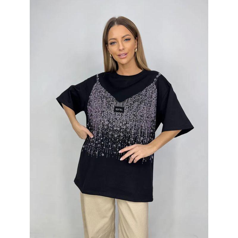 Fashion Style New Arrival Loose Easiest for Match Short Sleeve Hot Drilling Cotton T-shirt Loose Diamond Studded T-shirt