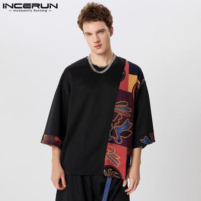 INCERUN Men Short Sleeve Patchwork T-shirt Casual Summer Vintage Print Tops