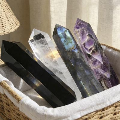 15Cm 4 Pcs Natural Crystal Point Wands Hexagonal Prism Obelisks Crystal Tower White Crystal Amethyst Obsidian Labradorite