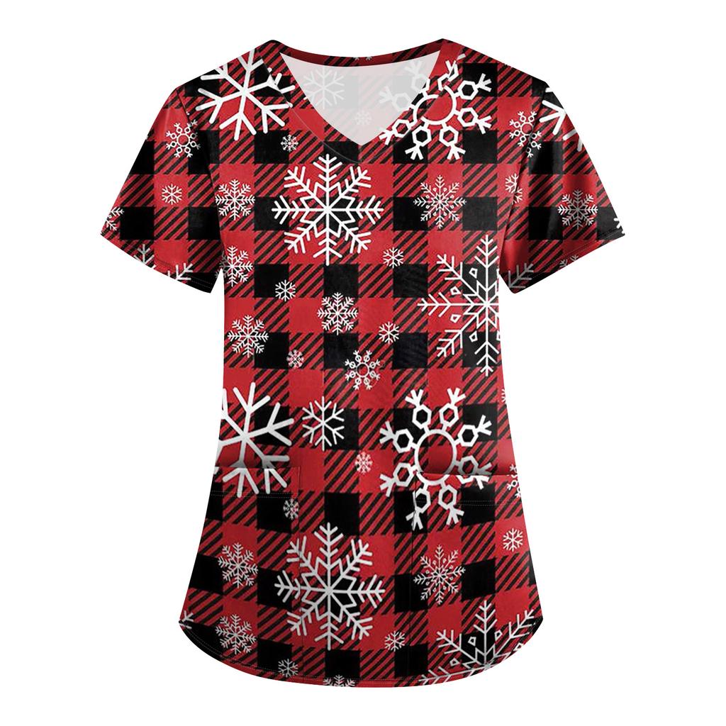 Plus SizePrinted Scrub Working Uniform Tops For Women's Cross V-Neck Print Short Sleeve Fun T-Shirts Workwear Tee With Pockets