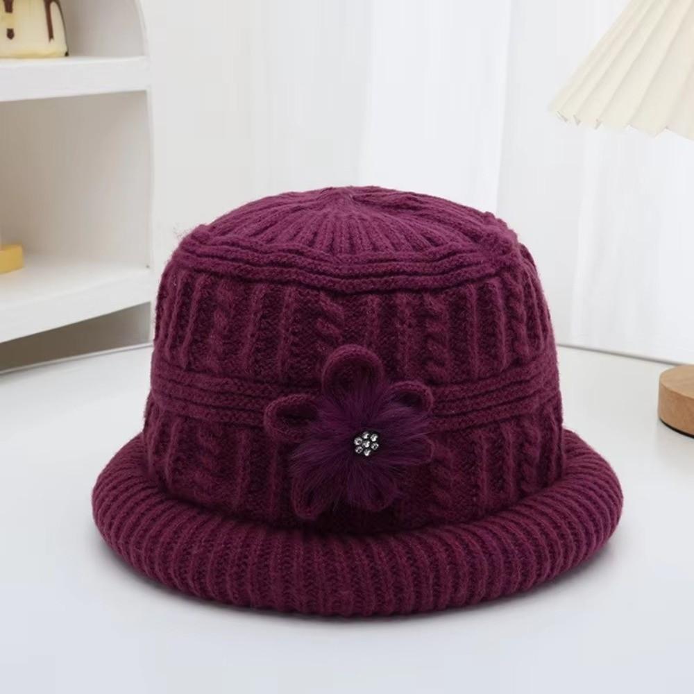 Plush Floral Knitted Bucket Hat Flower Warm Fisherman Hat Retro Woolen Hat Autumn and Winter