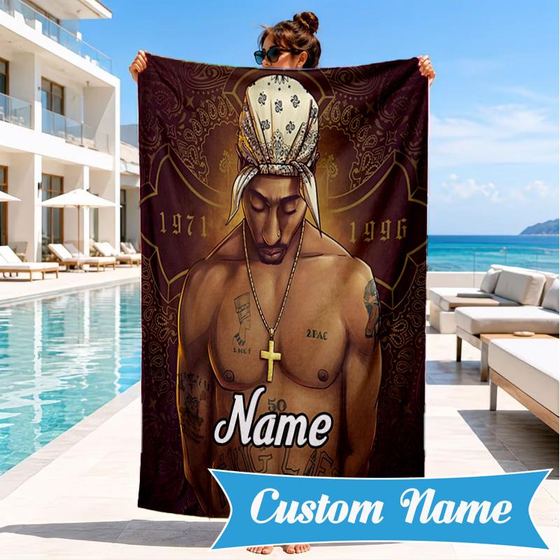 Custom Name Rap Legend Tupac Heart In Space Adventure Microfiber Beach Towel, Lightweight for Summer Travel, Swimming Pool Fan Gift