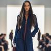 Women's Denim Jumpsuit Stand Collar Half Zip Long Sleeve Red Stitching Contrast Trim Wide Leg Pockets