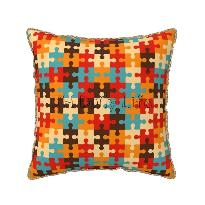 Autism Awareness Month Puzzle Piece Soft Velvet Throw Pillow Case 18x18 Inch Colorful Pillow Cover for Sofa Couch Bed Home Decor