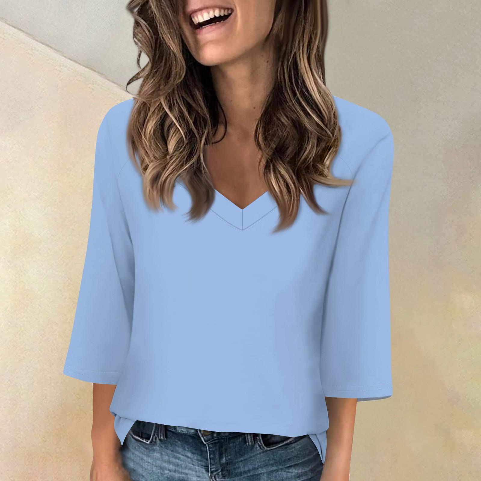 

Женские топы с v-образным вырезом и рукавами 3/4, повседневные футболки, базовые летние футболки, свободный крой, осенний пуловер, туника XL