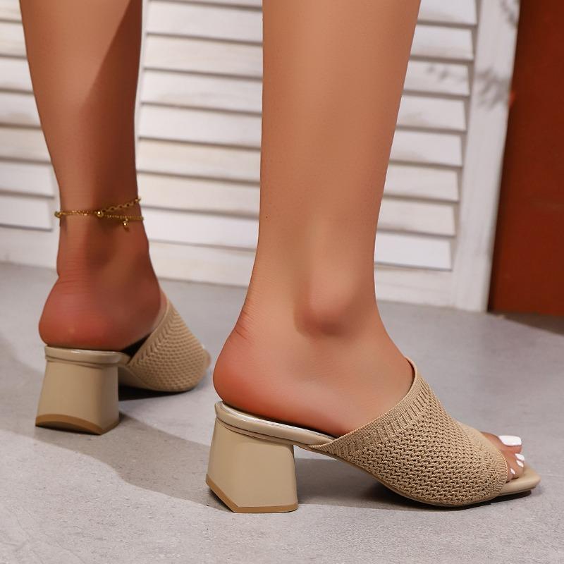 Summer New Large Size Fly-woven High-heeled Cool Slippers Women's Knitted Breathable Thick-heeled Fashion One-character Sandals