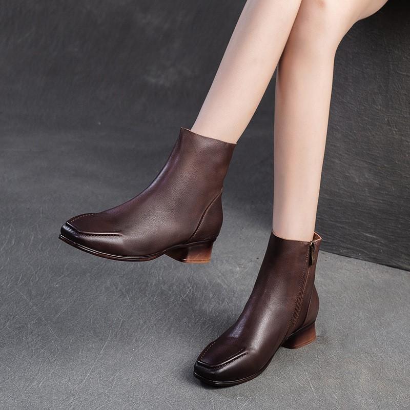 Johnature Square Toe Thick Heel Boots Versatile Genuine Leather Short Boots Commuting Women's Shoes