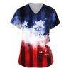 Women's Short Sleeve Independence Day Printed V-Neck Pocket Workwear Top