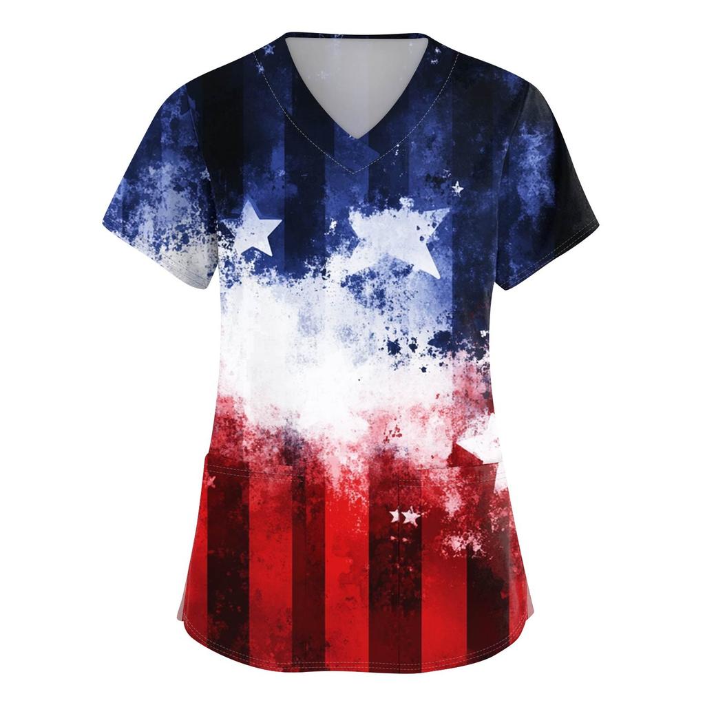 Women's Short Sleeve Independence Day Printed V-Neck Pocket Workwear Top