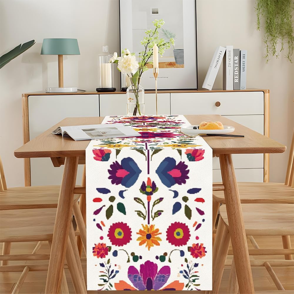 ANNA QUEEN Boho Floral Table Runner 13x72 Inch, Colorful Mexican Otomi-Style, Folk Art Table Decor for Dining Table, Fiesta Party, Kitchen, Wedding