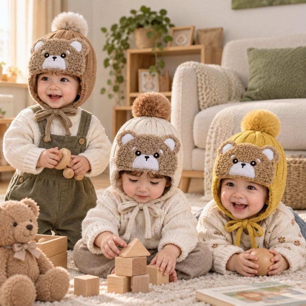 Windproof Kids Pom Pom Beanie Fleece Lined Winter Earflap Cap Cute Baby Knitted Hat Winter