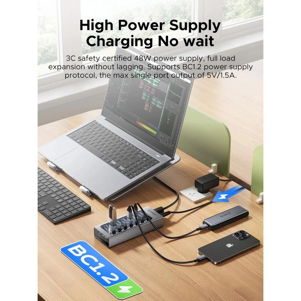 ORICO USB3.0 Hub Aluminum Industrial 7-Port Splitter Split Switch with 12v Power Adapter for Macbook Mobile Phone Tablets
