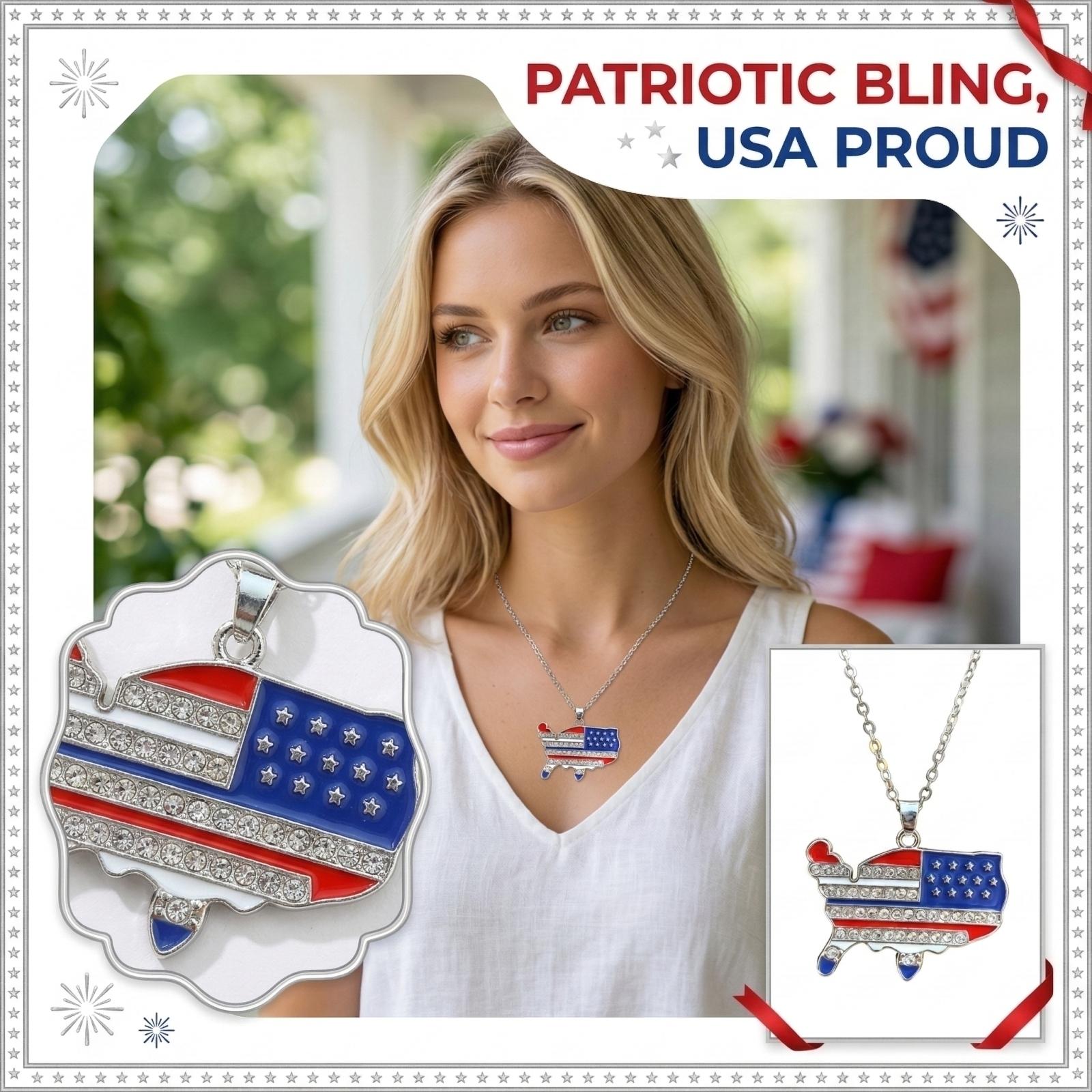 

Patriotic Pendant Necklace American Flag Map Shape with Crystal Accents Silver Tone Chain Jewelry Accessory for Everyday Wear One Size