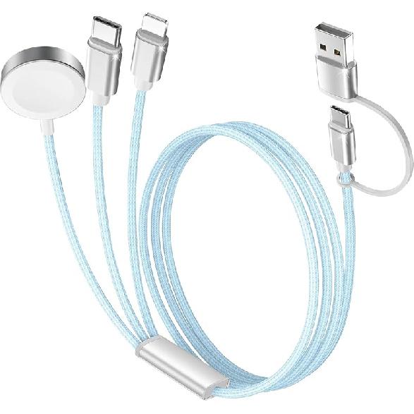 MaxRenard Кабель 3-в-2 USB C для зарядки Apple Watch, Зарядный шнур для iPhone 17-12 с разъемами USB C/A/L, Портативное зарядное устройство для iPhone и iWatch, Мульти 1PCS Blue