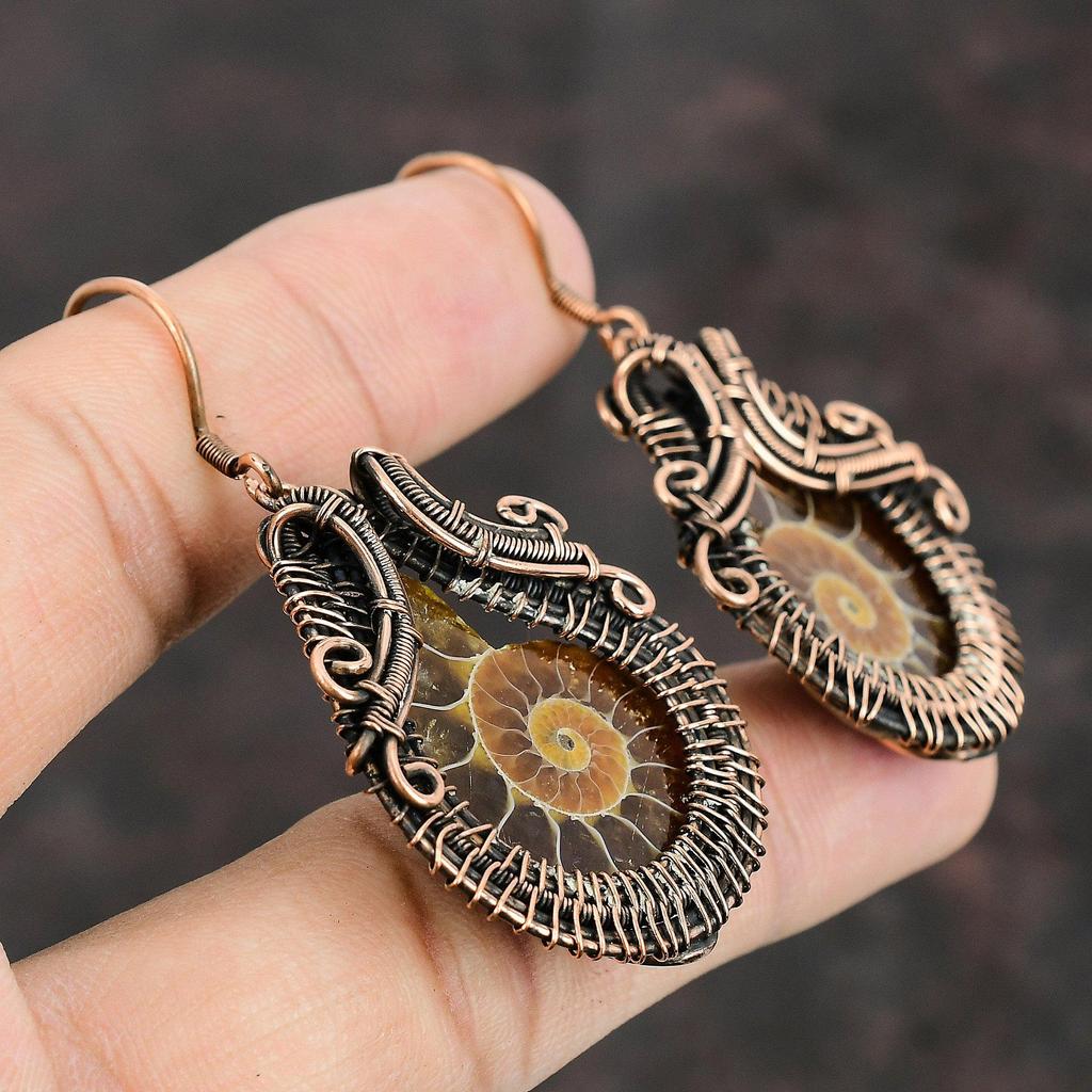 Ammonite Fossil Copper Earring Copper Wire Wrapped Earring Gemstone Copper Jewelry Handmade Earring Gift For Mom Ammonite Fossil Jewelry