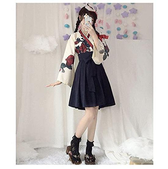 Dame Faul Taisho Roman Hakama Kimono Lang Floral Lolita Plus Locker Rot Floral Uni Gotisch Erwachsener Schrein Showa Kurz Rose Druck Größe Kleid, Druck,