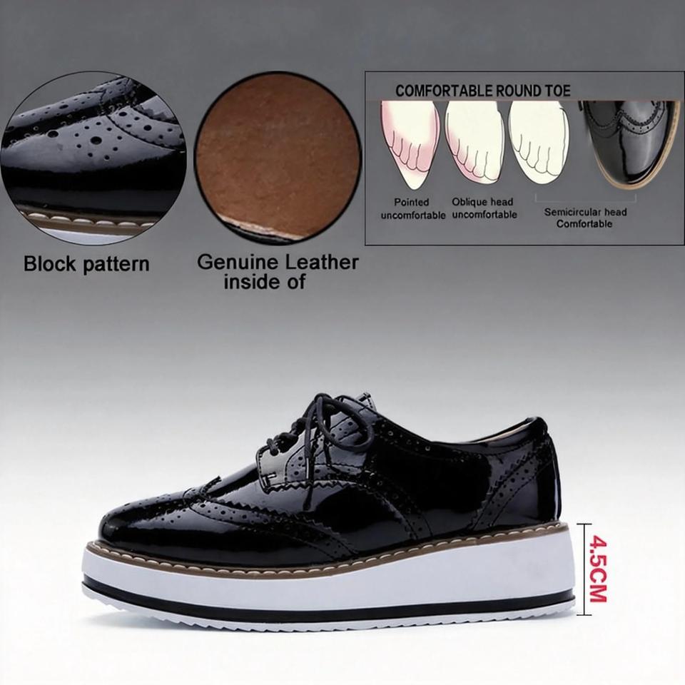 Women's Oxford Flats Leather Wingtips Lace-Up Comfort Platform Casual Shoes for Spring Autumn