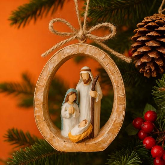Oval Nativity Hanging Ornament Home Office Christmas Tree Hand-Painted Birth of Jesus Scene Holy Family Holiday Religious Decoration Pendant