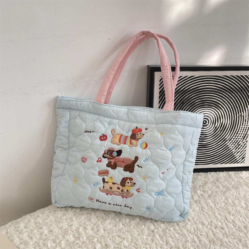 Cute kitten embroidered handbag Korean ins quilted tote bag women's shopping bag mommy bag