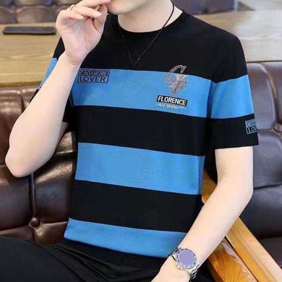 חולצת טריקו לגברים קיץ Colorblock פסים דק לנשימה שרוולים קצרים רופפים רקמת מכתבים עם צווארון ללא צווארון סוודר בגודל נוסף סוודר מזדמן יומי משרד העליון