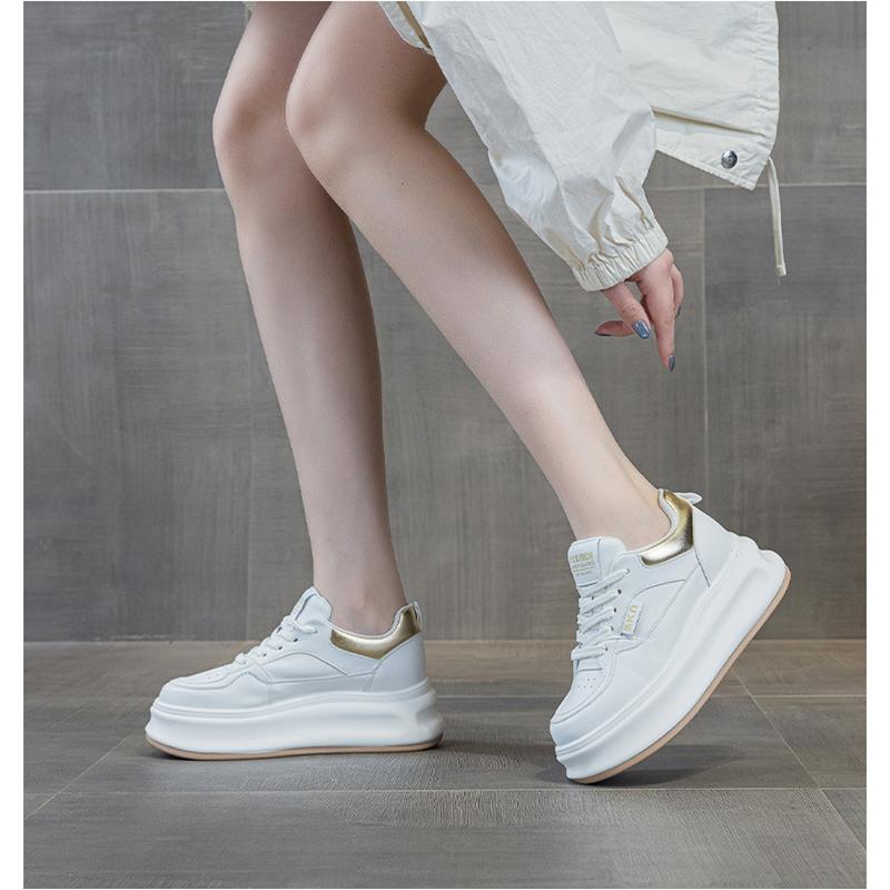 2025 Туфли из натуральной кожи Женские модные кроссовки На плоской подошве Белые туфли Милые женские туфли с увеличением роста 6 см 34 золотой