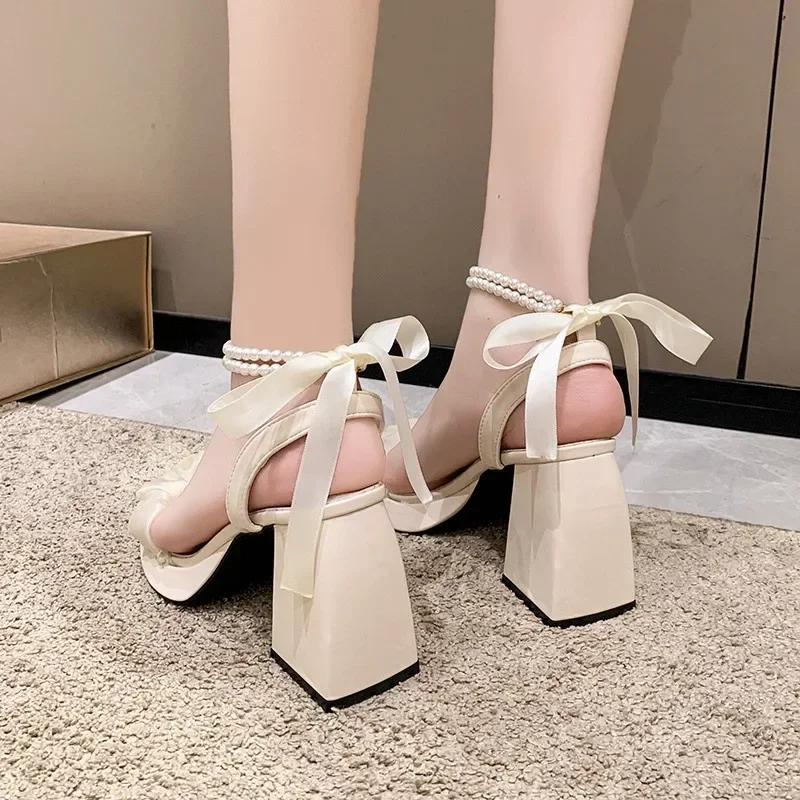 Modeschuhe für Damen Perlensandalen Anzug Damen Beige Erhöhende Höhe Blockabsätze Alleskönner Schwarz Schleife Mode Klobige Sandalen