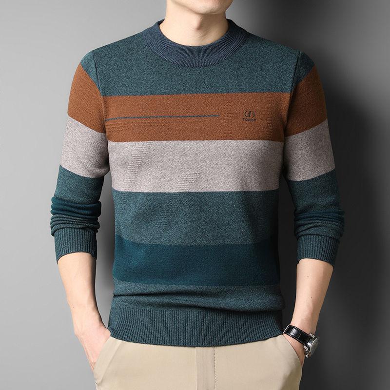 Autumn Winter New Men Sweater O-Neck Striped Contrast Color Thicken Warm Trend Fashion Loose Long Sleeve Pullovers Knitted Top