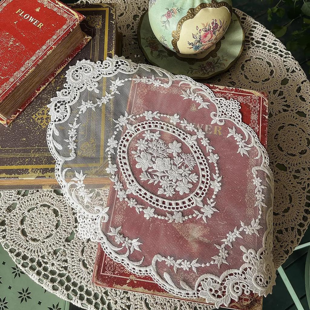 Retro French Style Lace Placemats Fashionable Embroidered Cup Mat vase mat 16.5”x11.6”,White