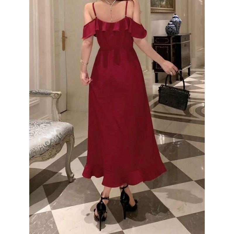 Foreign Trade Order 2025 Lady Temperament Elegant Beautiful Sling Frill off-Shoulder Sexy Irregular White Dress