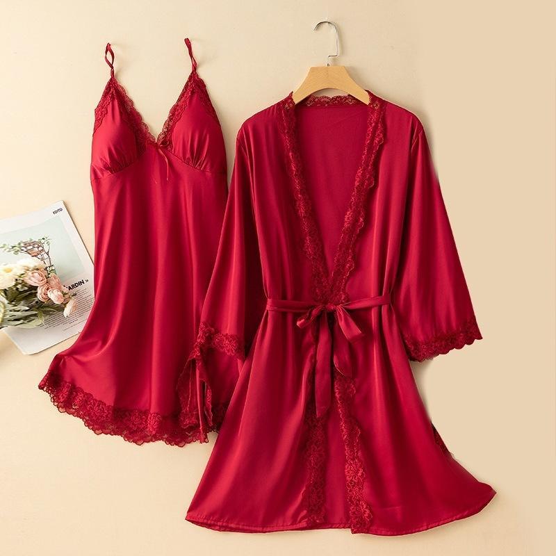 Long-sleeved Pajamas Women's Summer Ice Silk Thin Sleeping Dress Two-piece Set Spring and Autumn Sexy Pure Desire Wind Backless Loungewear