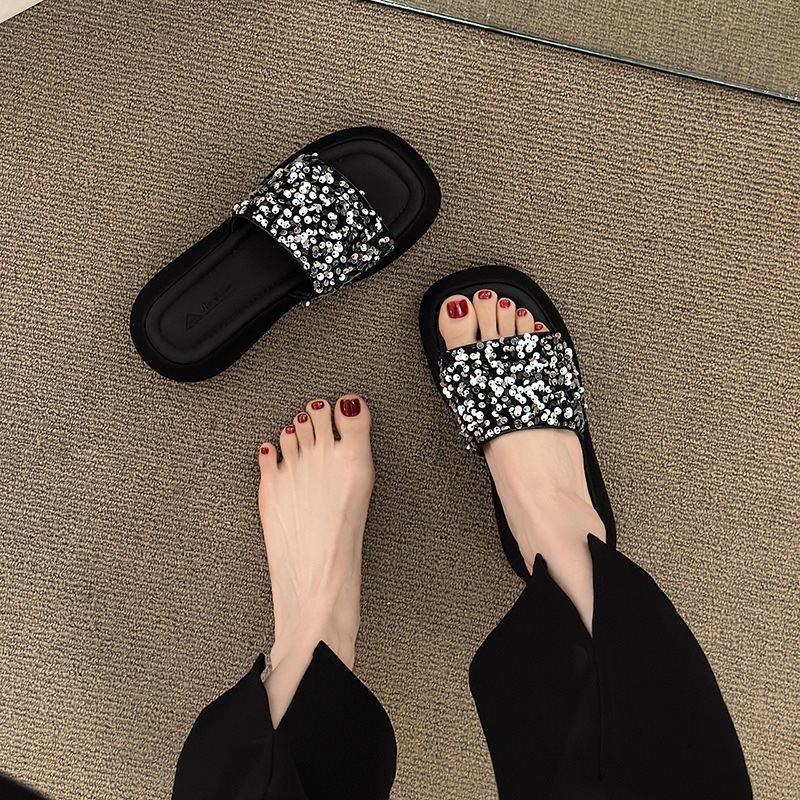 Sense Sequined Muffin Bottom Slippers Women's Summer Wear One Word Women's Platform Sandals Semi-cool Slippers New