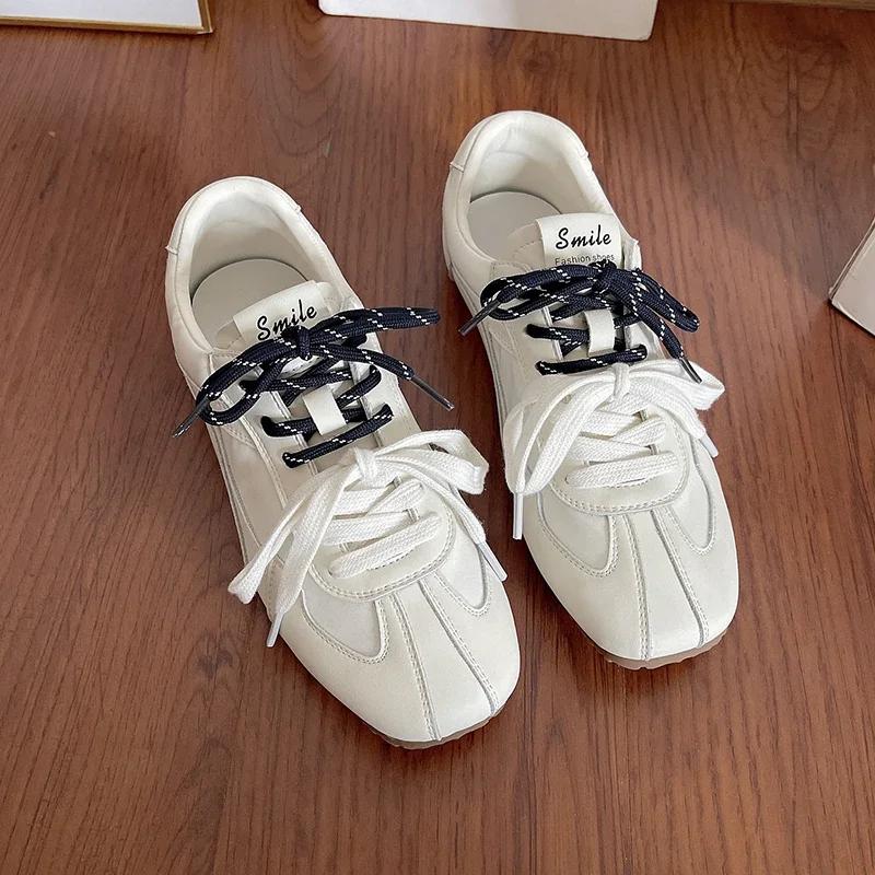 

2024 Новые Ретро Шнуровка Дышащие Женские Повседневные Кроссовки на Толстой Подошве с Плиссировкой Белые Туфли 38 бежевый